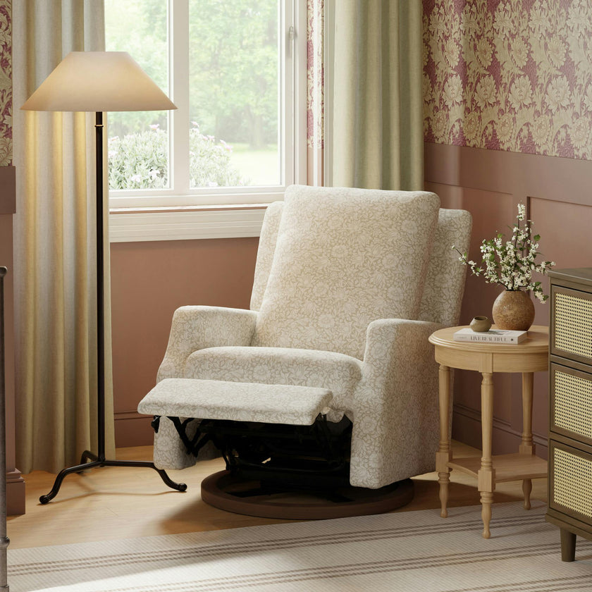 Morris & Co. x Namesake Crewe Recliner and Swivel Glider in Mallow in Ash Performance Eco-Weave with Dark Wood Base