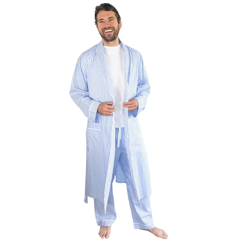 Men's Braddock Classic Robe - Blue Stripe Organic Cotton Poplin