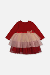 Bi-Material Dress With Glittering Skirt Red