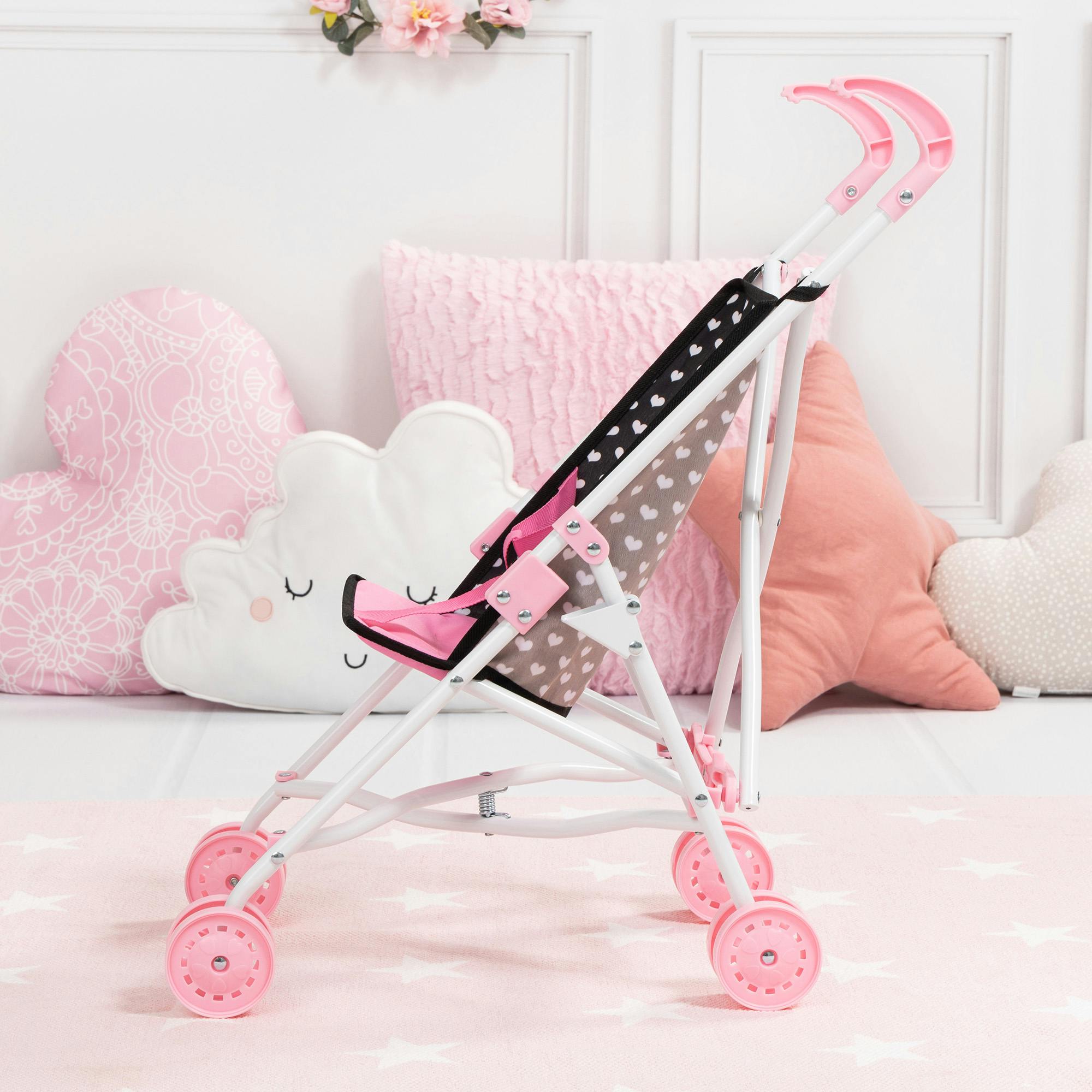 Bayer Design Dolls: Buggy Umbrella Stroller - Hearts Black & Pink