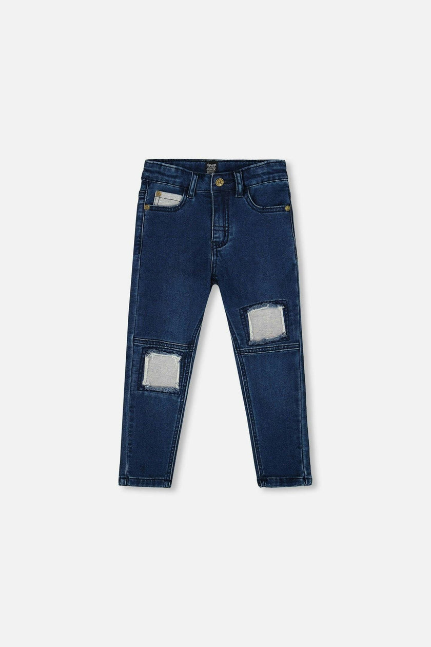 French Terry Blue Denim Pants With Contrasting Patch