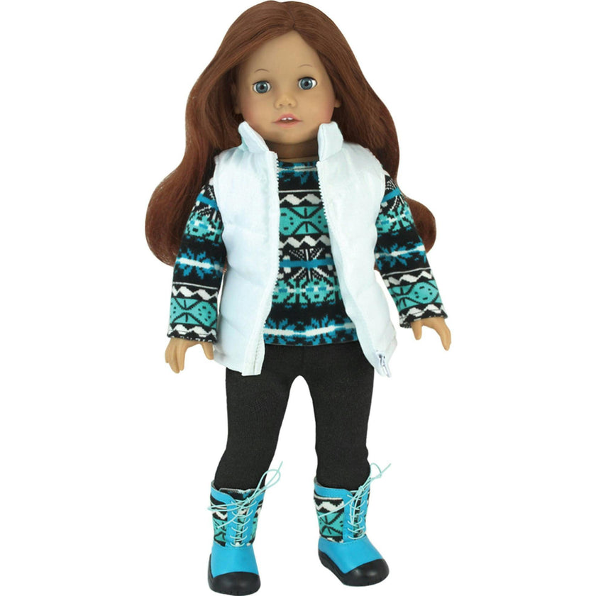 Sophia’s Teal & Black Ikat Print Sweater and Matching Boots, Black Leggings, and Puffy White Vest