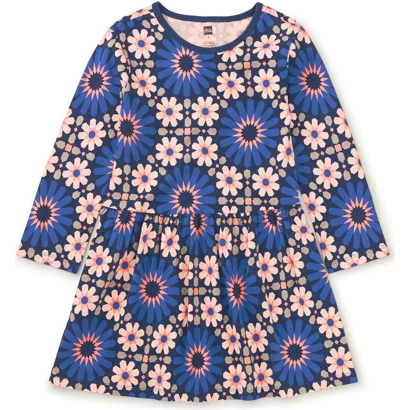 Crew Neck Long Sleeve Gathered Skirt Dress, Multi