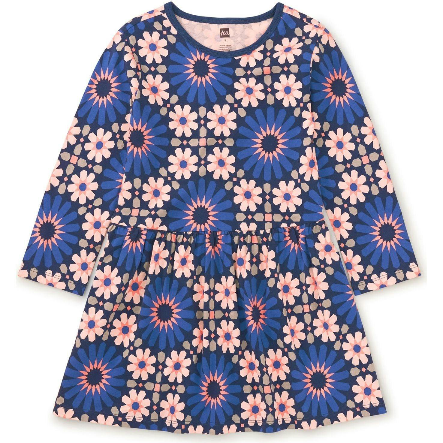 Crew Neck Long Sleeve Gathered Skirt Dress, Multi