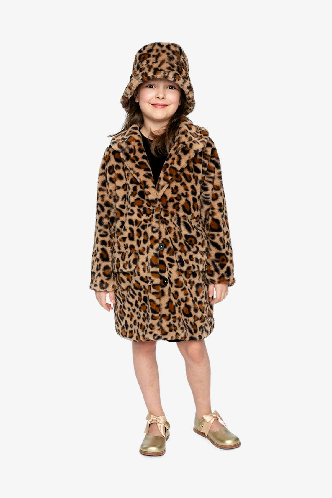 Faux Fur Long Coat Brown Leopard Print