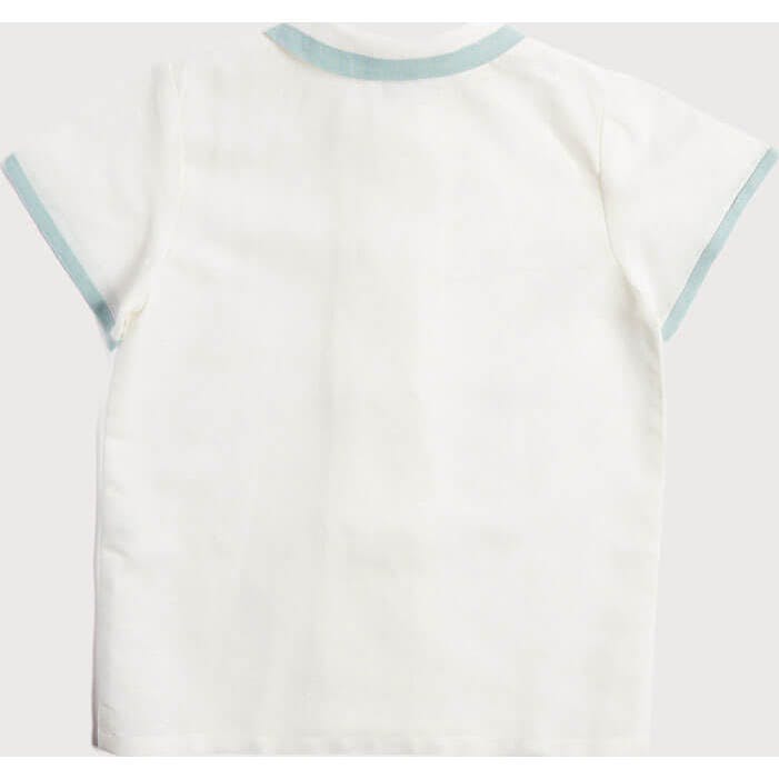 Linen Boys Celebration Shirt White with Teal Piping (3-10yrs)
