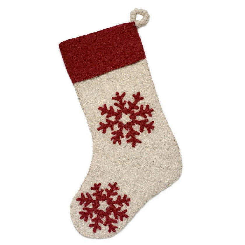 Hand Felted Wool Christmas Stocking Red Snowflakes Cream