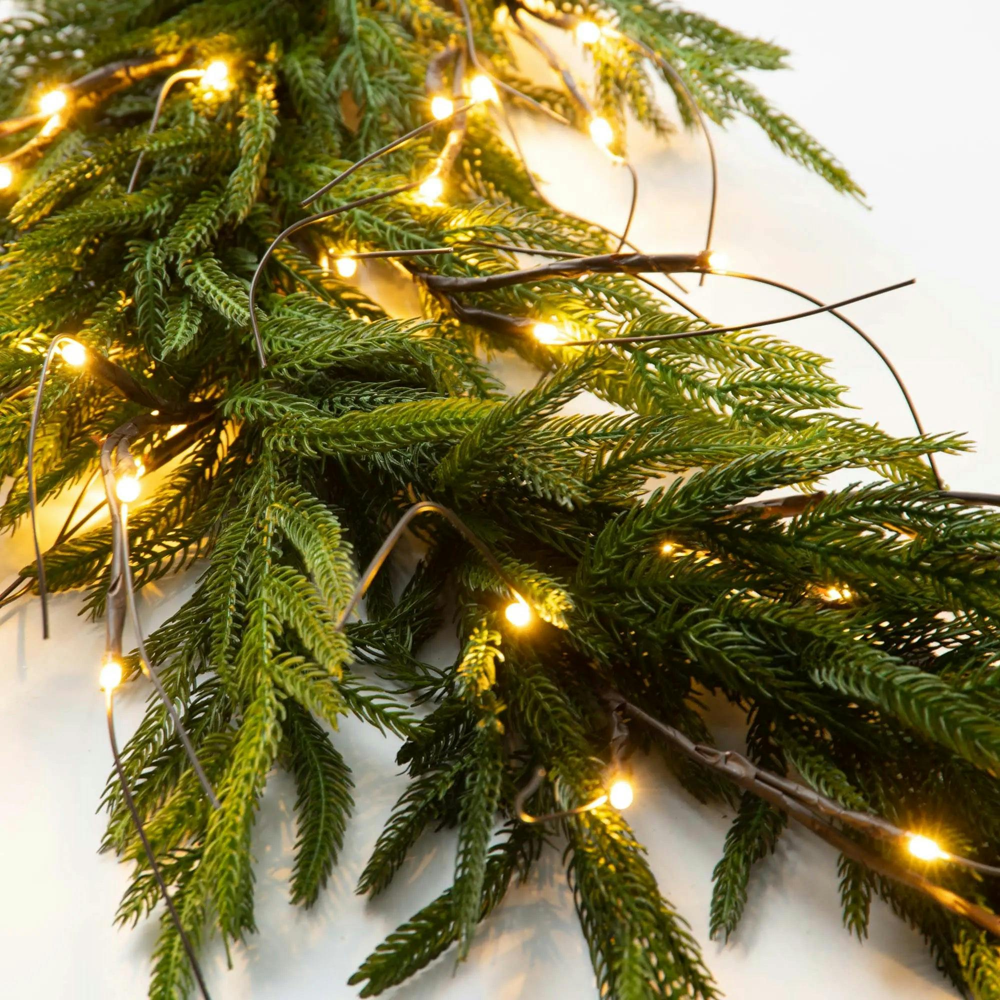 Twig Light & Real Touch Green Norfolk Pine Pre-Lit Winter Christmas Mantle Garland Table Runner