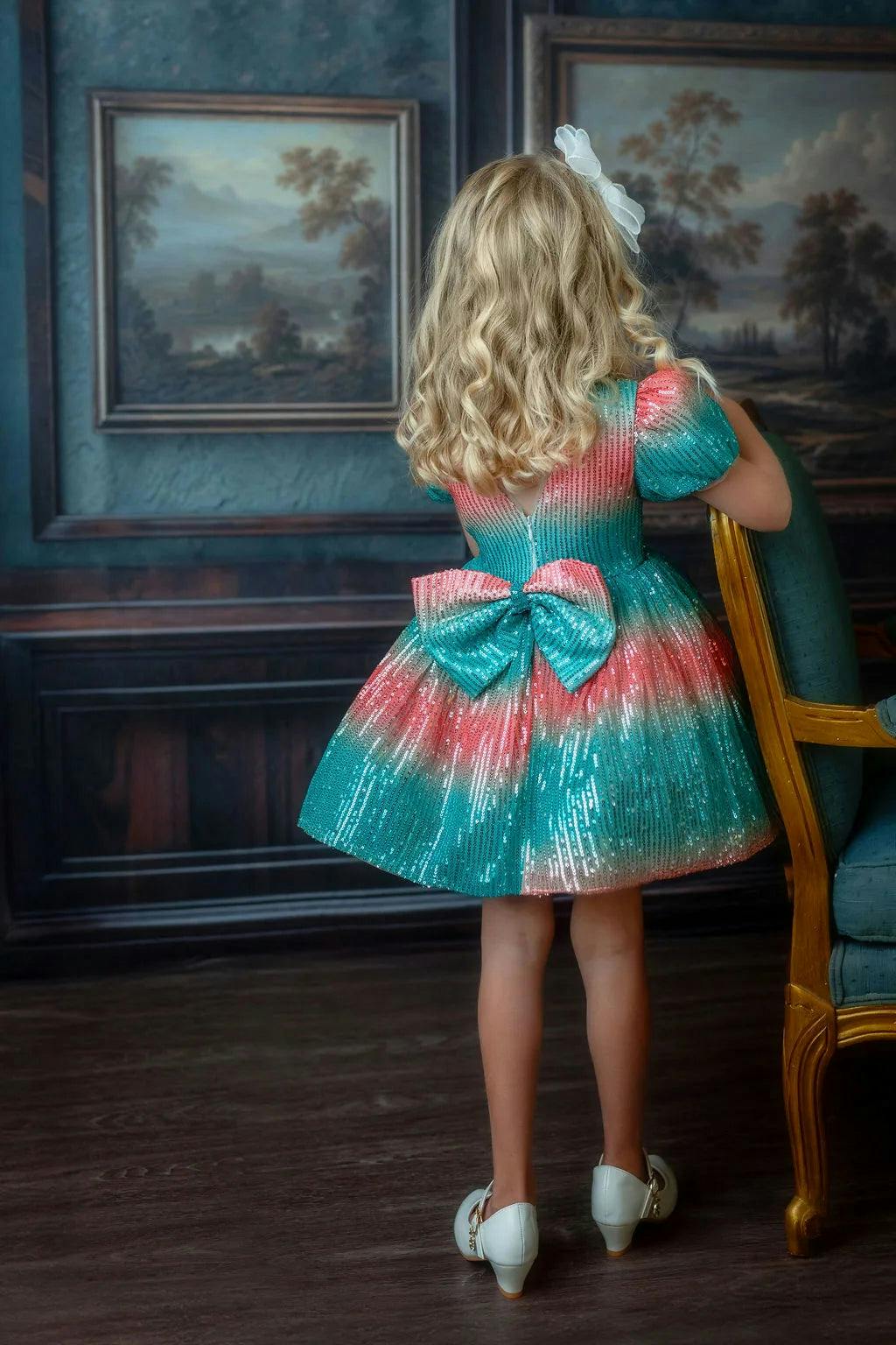 Aqua Sunset Sparkle Sequin Birthday Dress for Girls