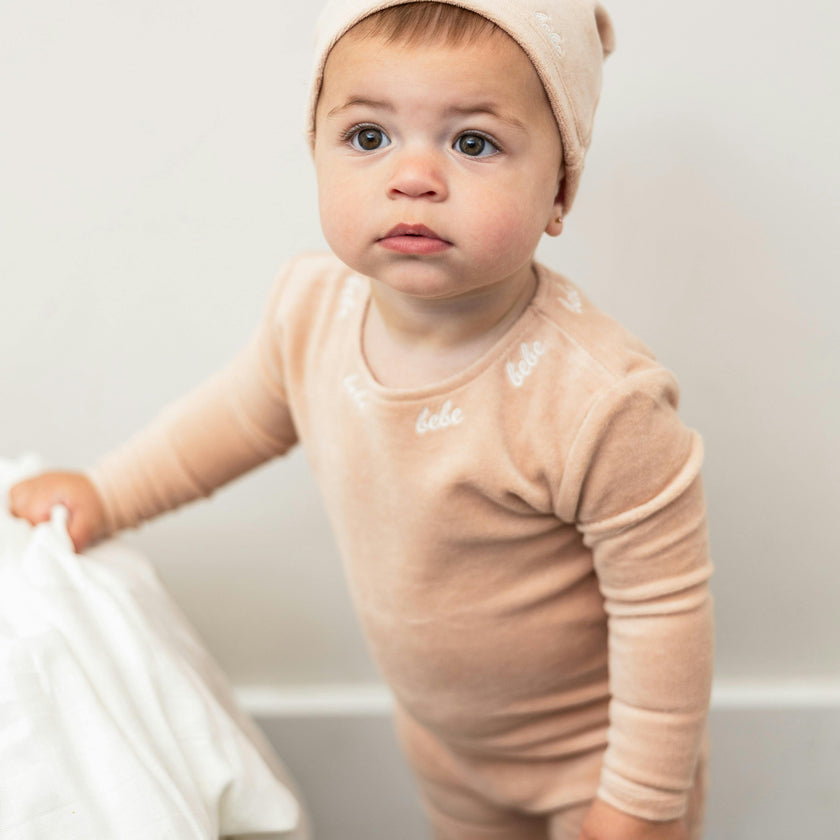 Bebe Embroidered Velour Onesie with Hat Beige