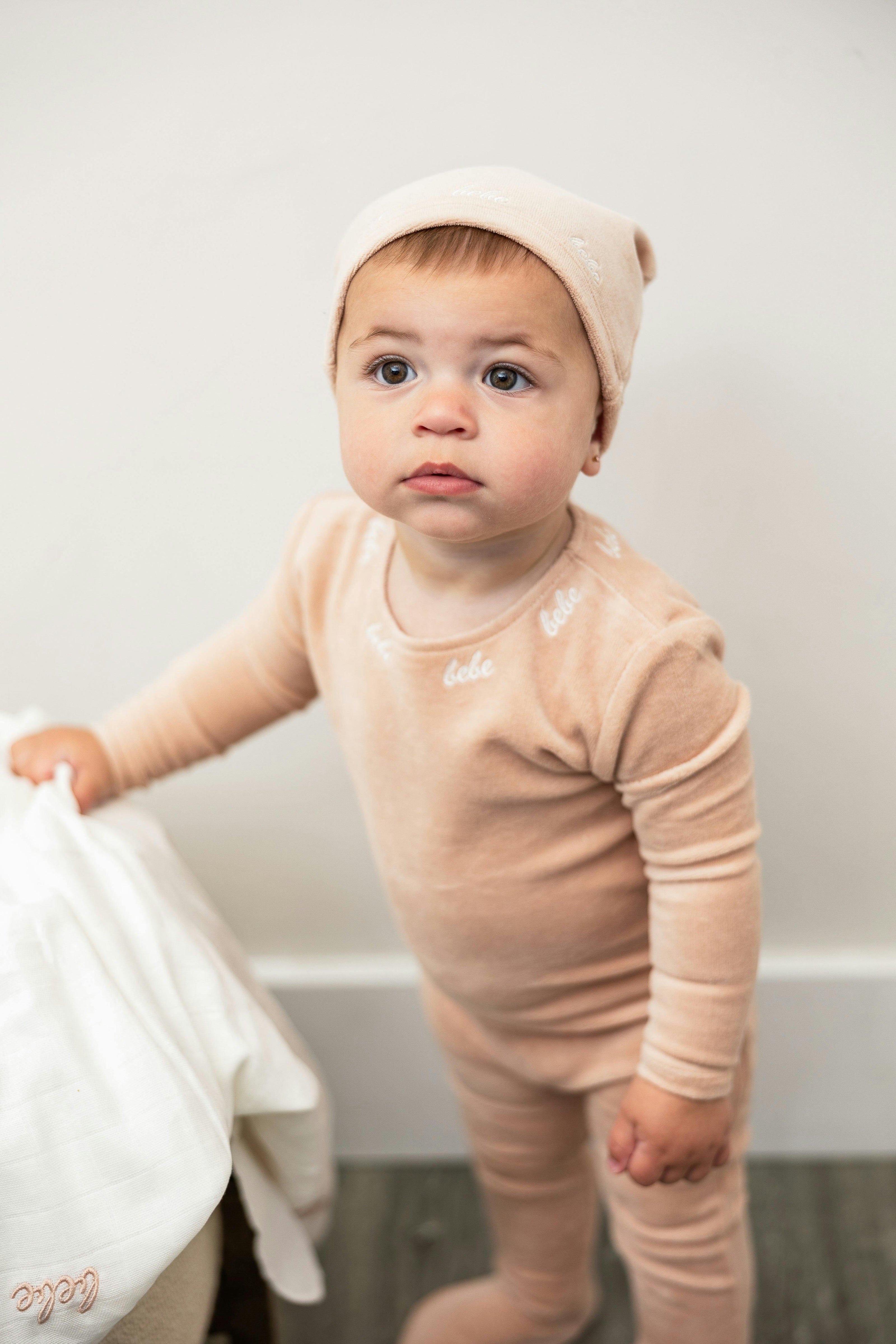 Bebe Embroidered Velour Onesie with Hat Beige