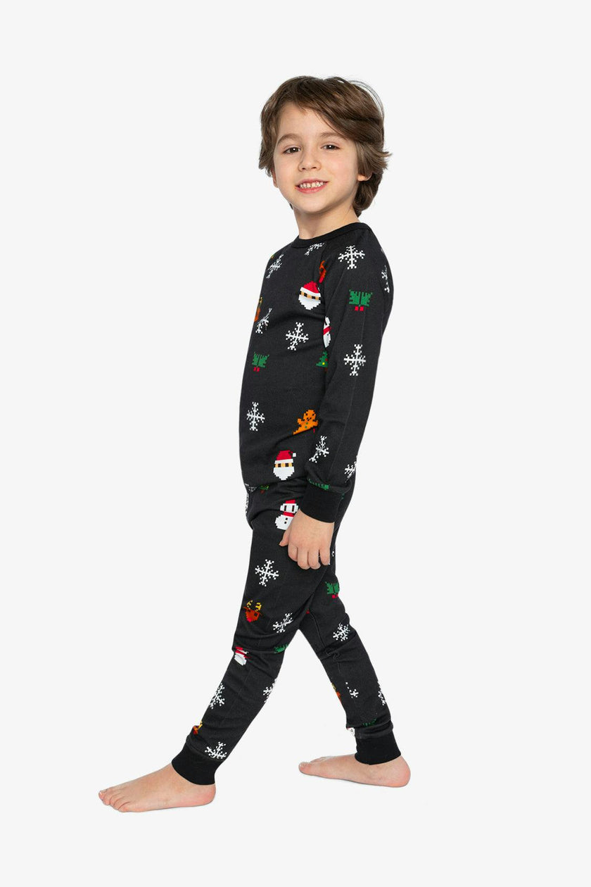 Organic Cotton Two Piece Pajama Set Black Christmas Pixel Print