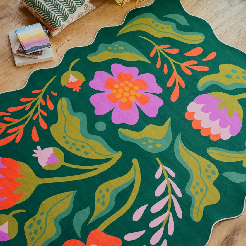 Green Base Pink Floral Wavy Rug by Jessica Miller