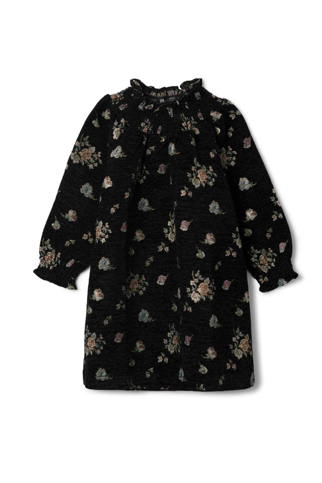 Floral Brocade Smocked Long Sleeve Dress