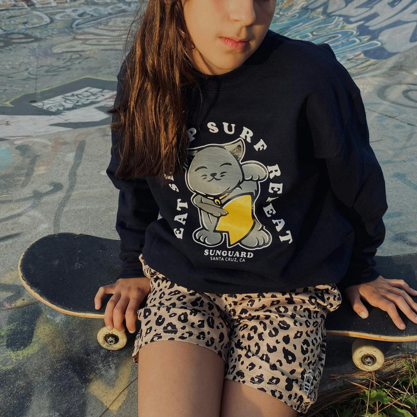 Kids’ Sunset Crew Sweatshirt - Surf Cat