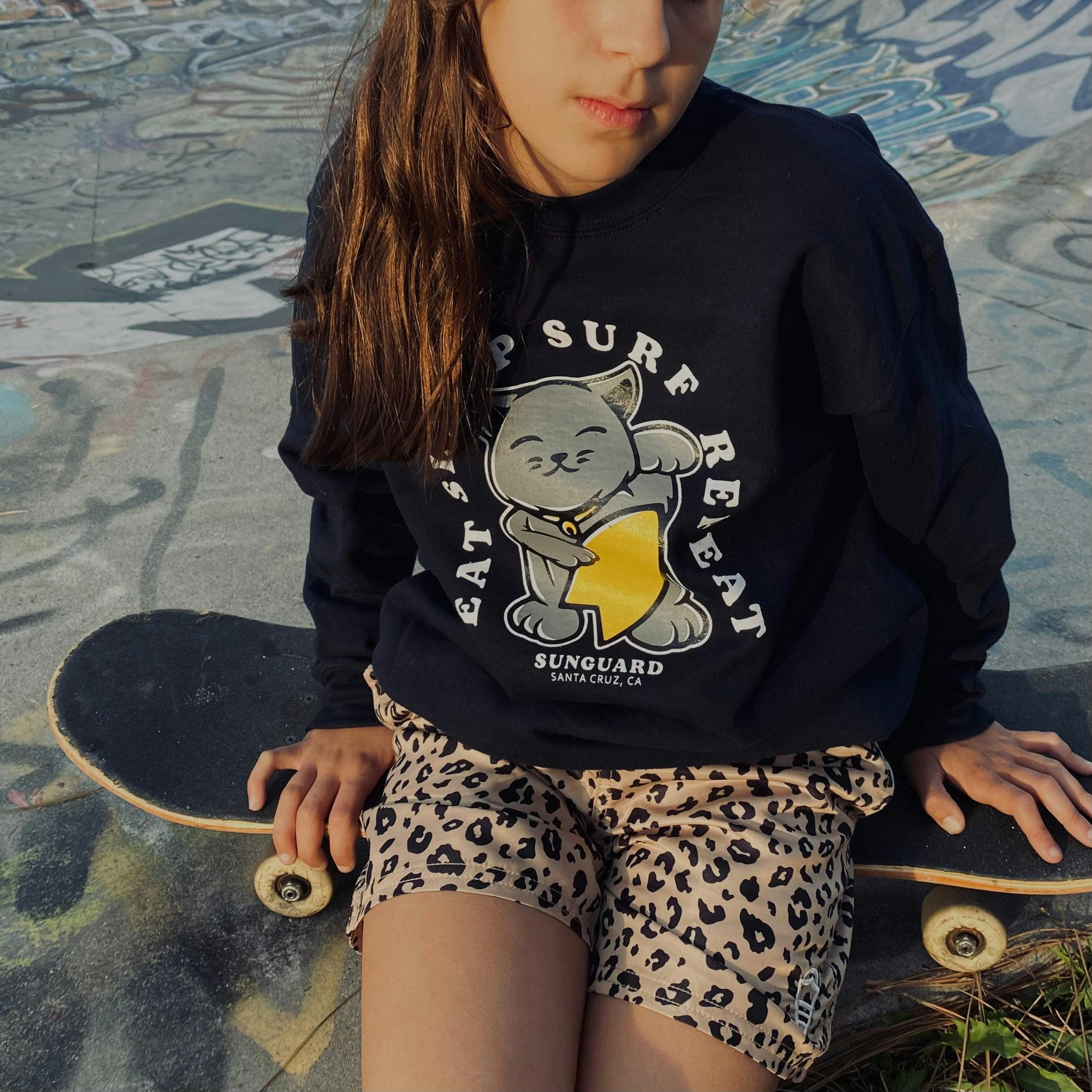Kids’ Sunset Crew Sweatshirt - Surf Cat