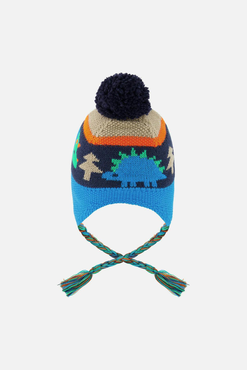 Winter Peruvian Knit Hat with Pompom Blue Dinosaur Print