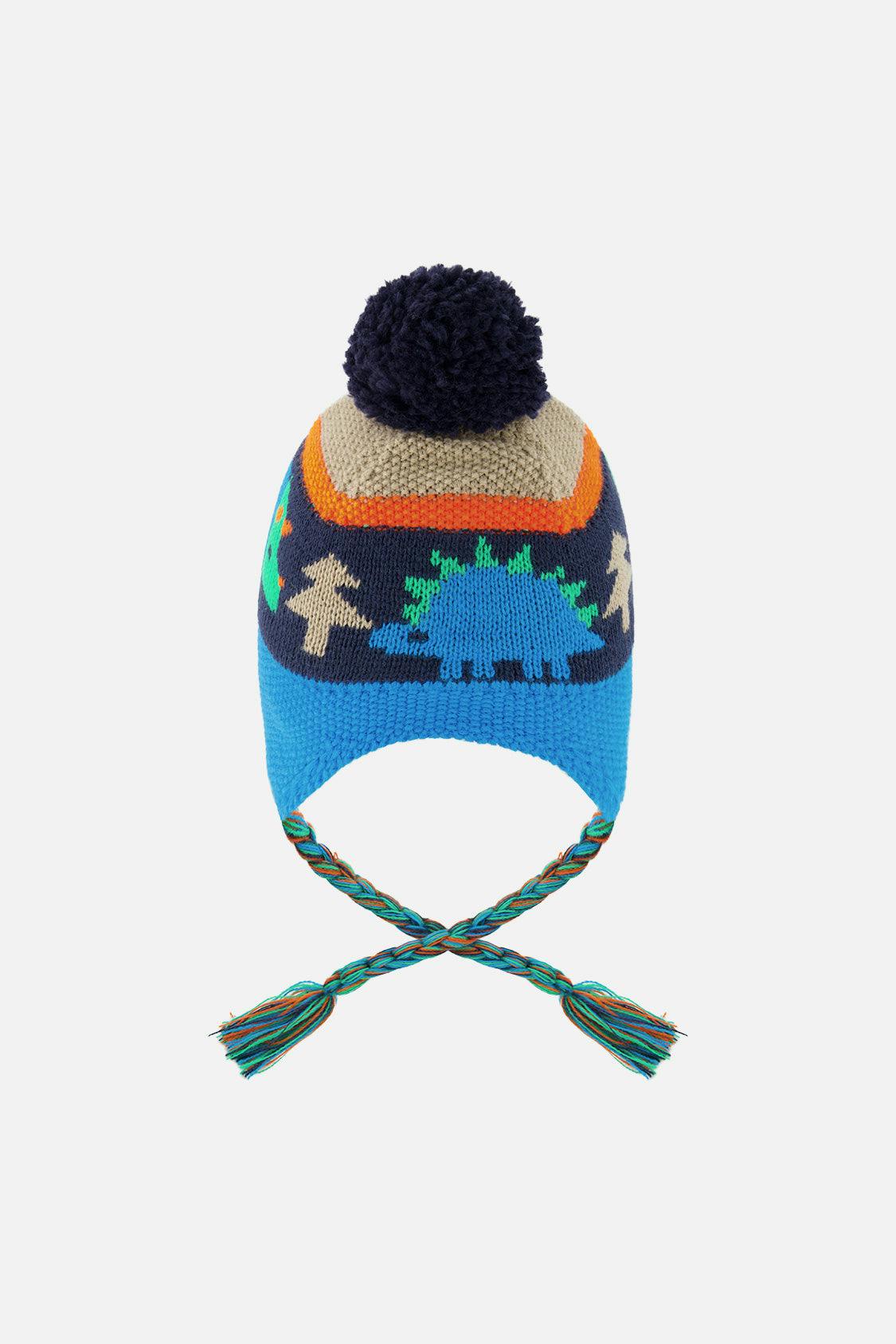 Winter Peruvian Knit Hat with Pompom Blue Dinosaur Print