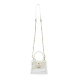 Packed Party Clear Mini Crossbody Bag - White Trim with Gold Chain Strap, Removable Satin Bow Scarf, Top Handle, 7x3.5x5 Inch