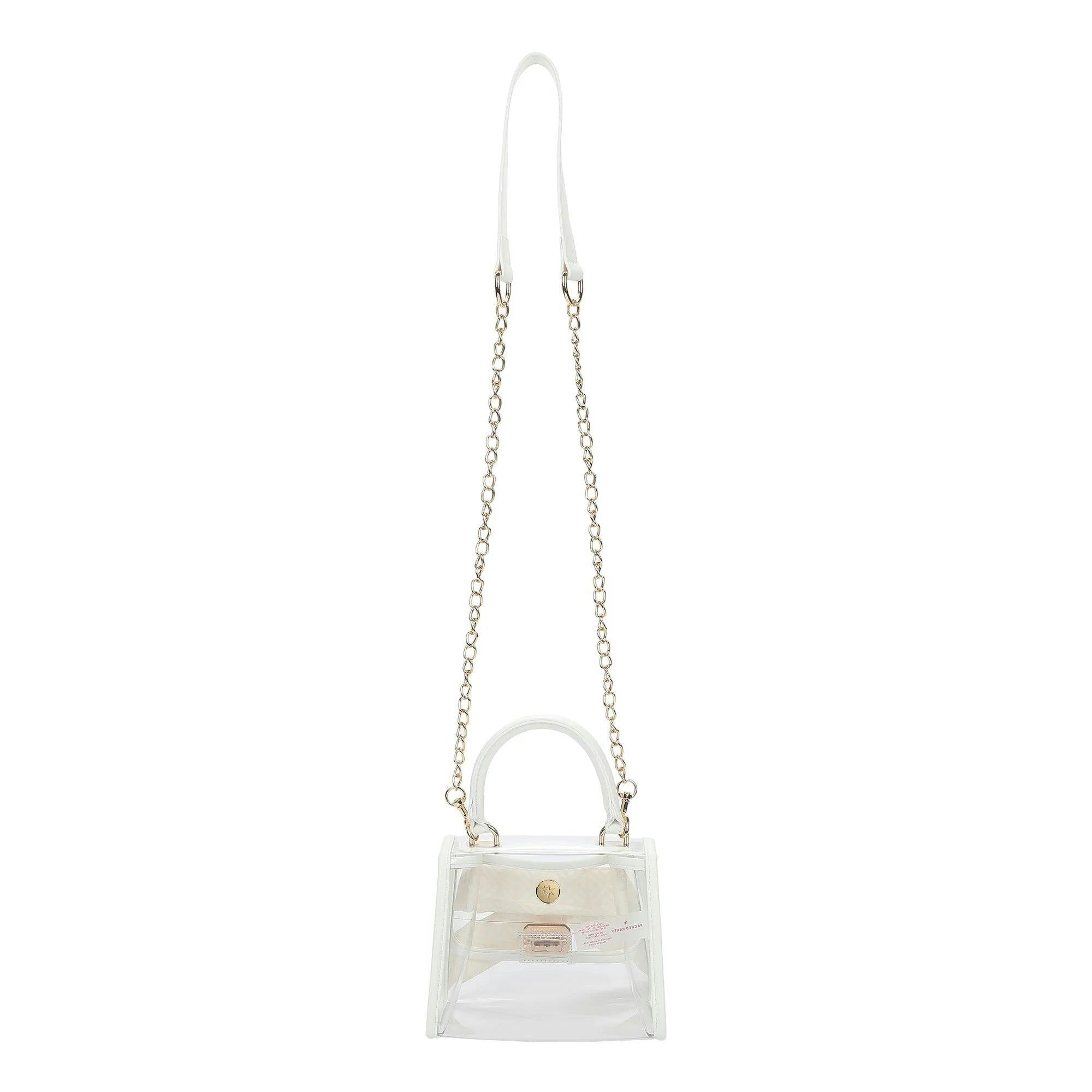Packed Party Clear Mini Crossbody Bag - White Trim with Gold Chain Strap, Removable Satin Bow Scarf, Top Handle, 7x3.5x5 Inch