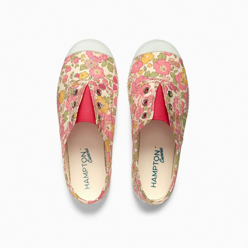 Hampton Canvas Plum Print Plimsolls in Peach Sparkle Betsy