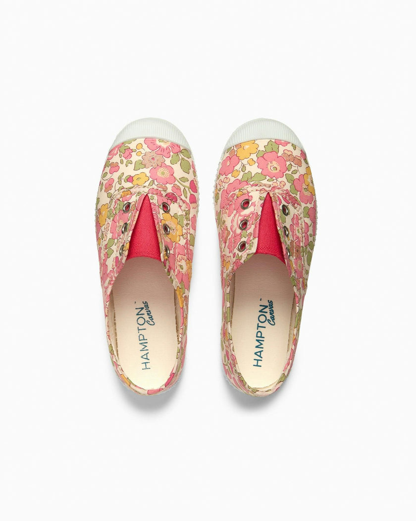 Hampton Canvas Plum Print Plimsolls in Peach Sparkle Betsy