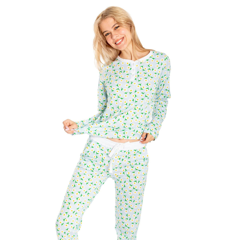 Women's Daisy Jersey Long PJ Set - Blue Organic Stretch Cotton