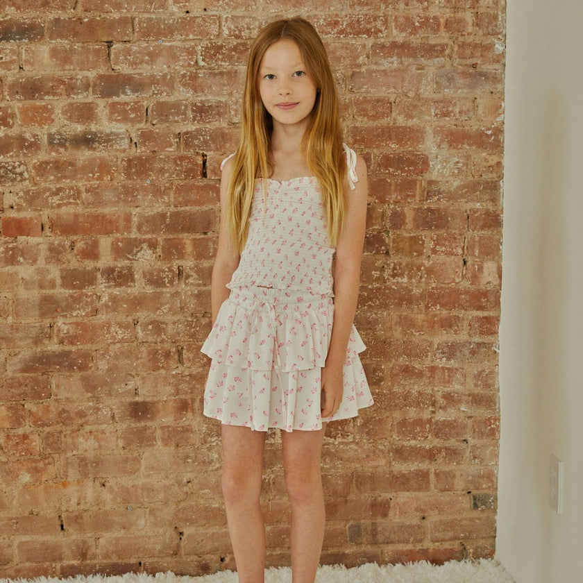 Georgia White With Pastel Pink Ditsy Satin Smocked Top