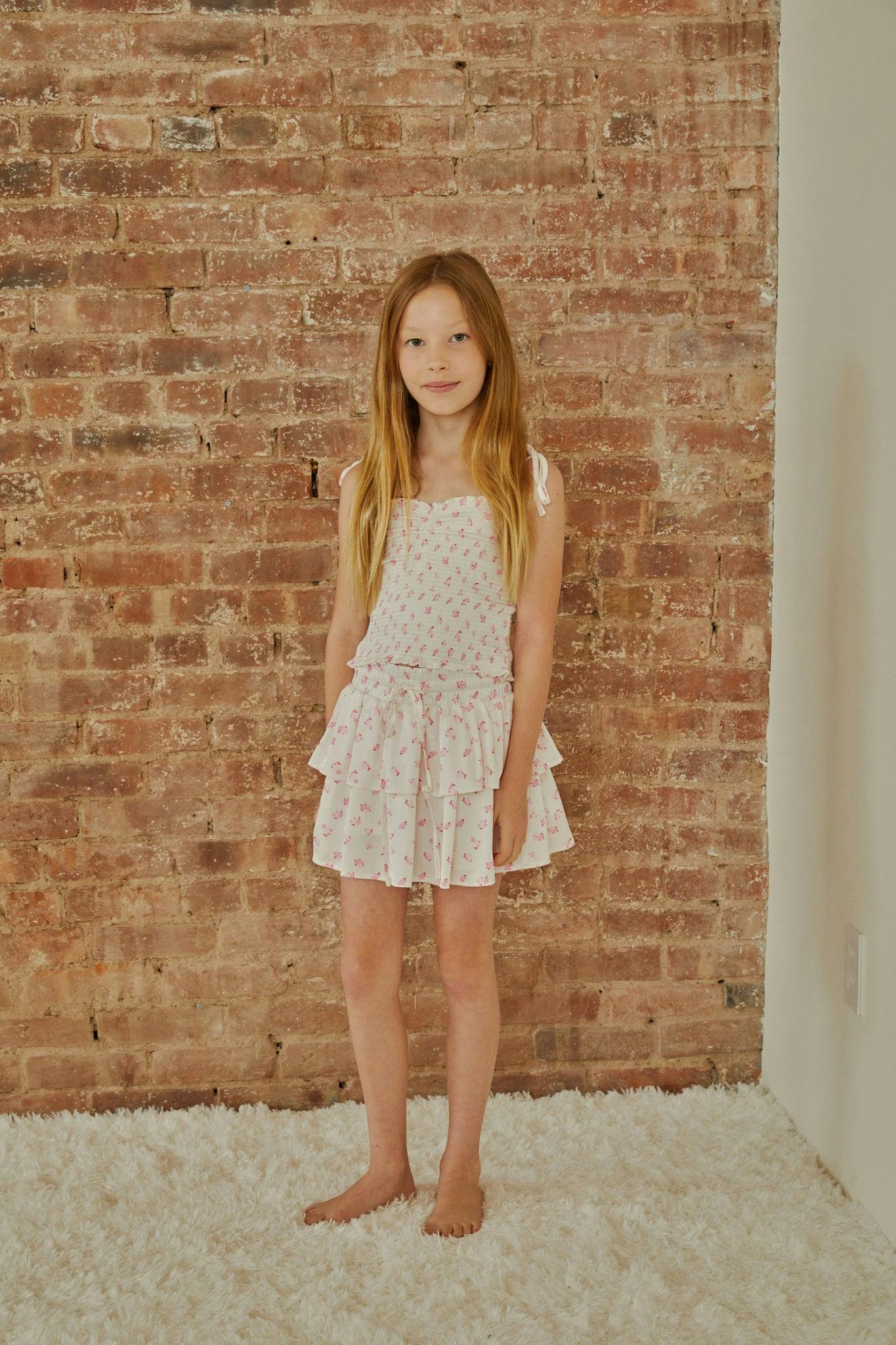 Georgia White With Pastel Pink Ditsy Satin Smocked Top