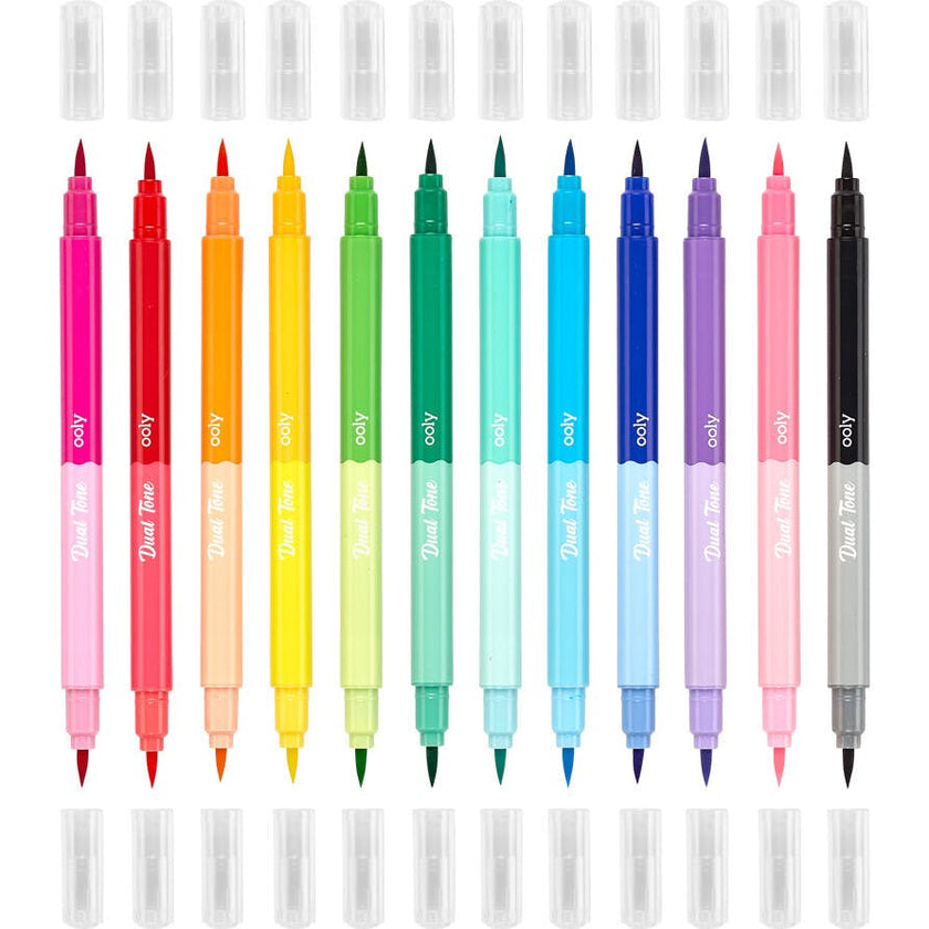 Dual Tone Double Ended Brush Marker - 24 Colors - Set of 12
