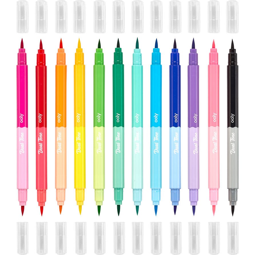 Dual Tone Double Ended Brush Marker - 24 Colors - Set of 12