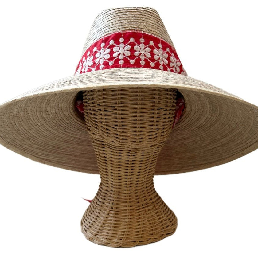 Hollyhock Sun Hat - Vintage Red and White Embroidered Ribbon