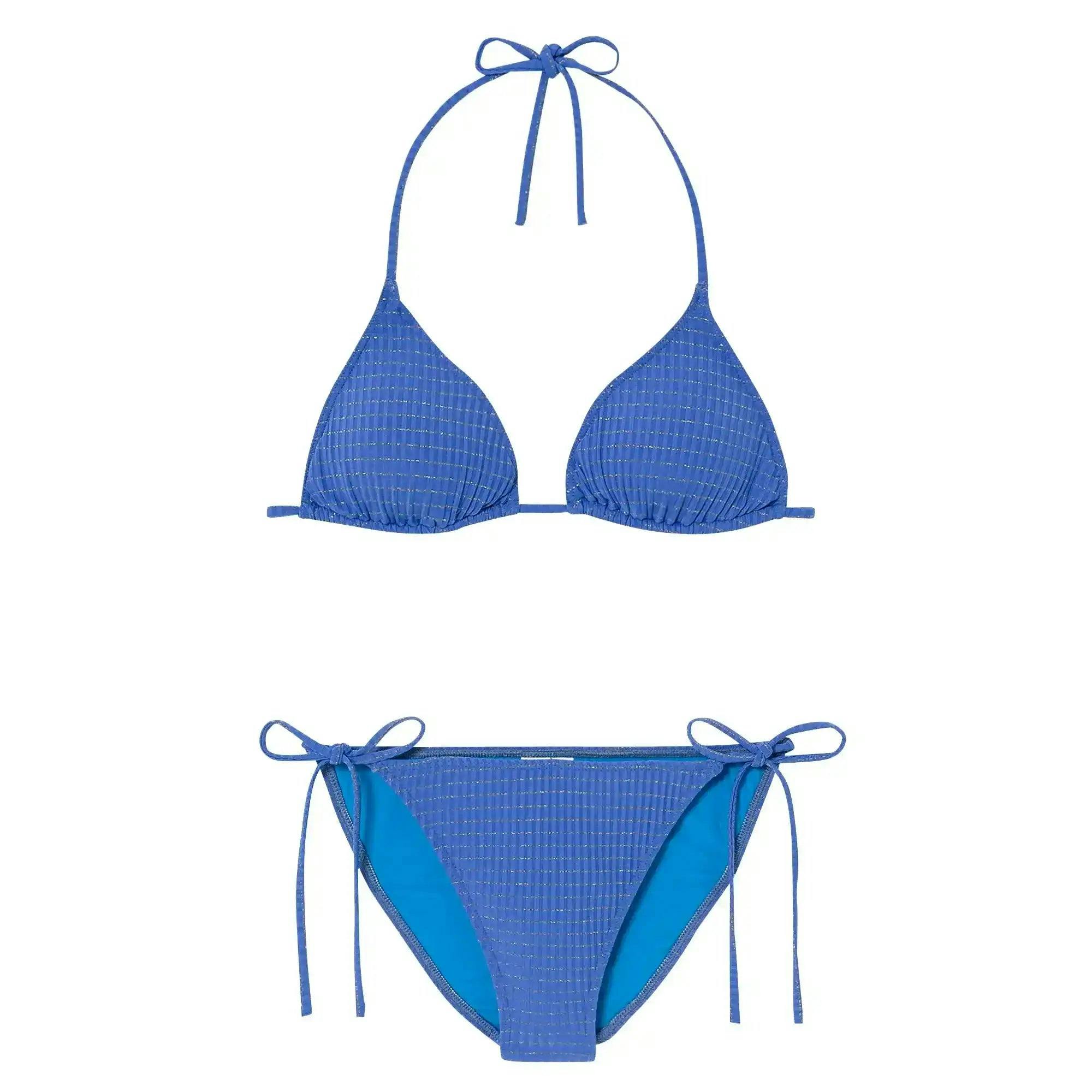 Girls' triangle two-piece swimsuit blue, blue/gold | CALYPSO 2P TRIANGLE