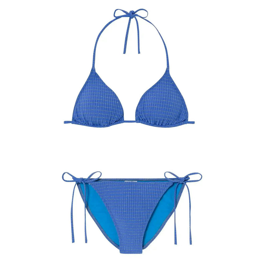 Girls' triangle two-piece swimsuit blue, blue/gold | CALYPSO 2P TRIANGLE