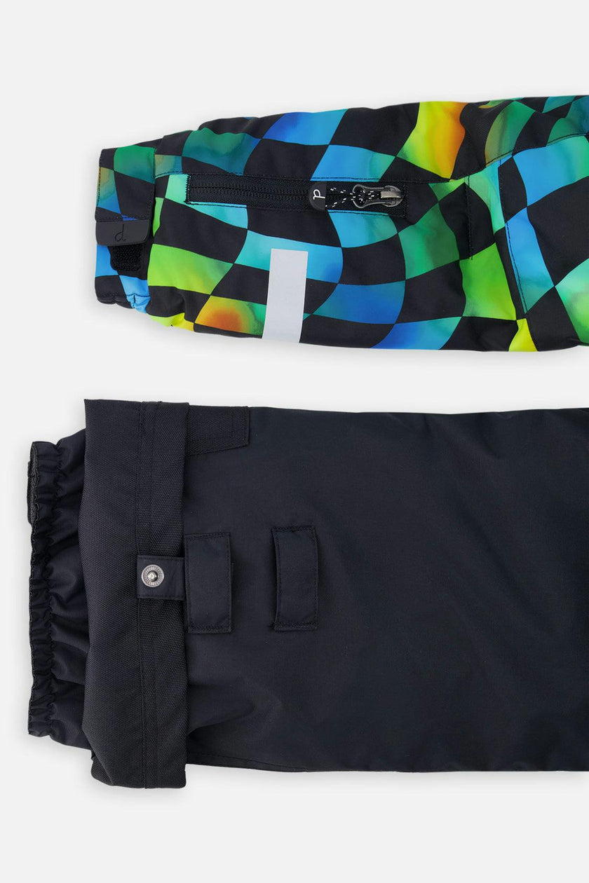 Two Piece Play Snowsuit Green Yellow And Blue Checkerboard With Black Pants