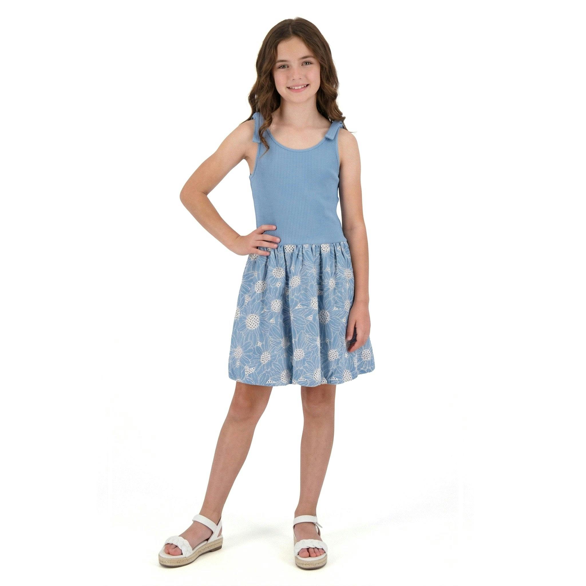 Tween Girls Rib Knit Bow Shoulder Dess | Floral Eyelet