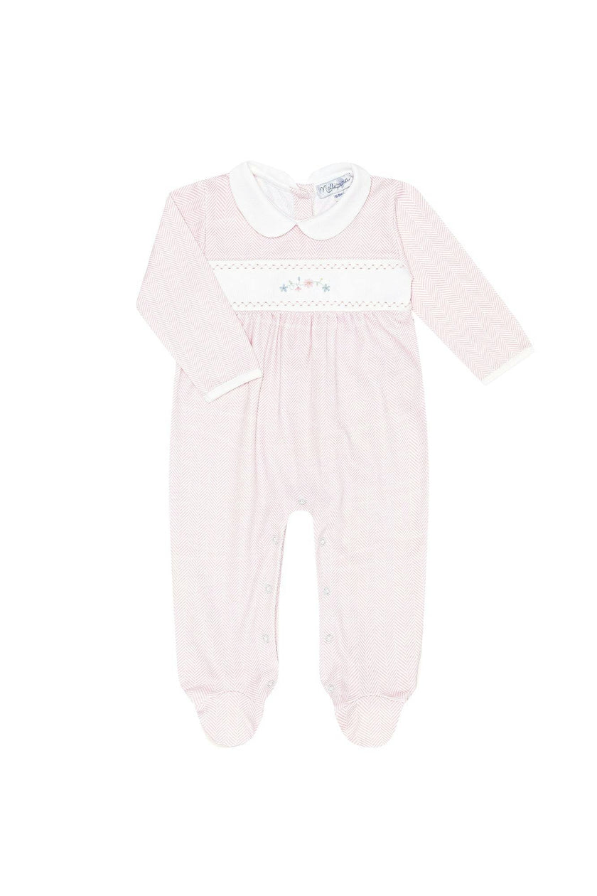 Pink Herringbone Embroidered Footie