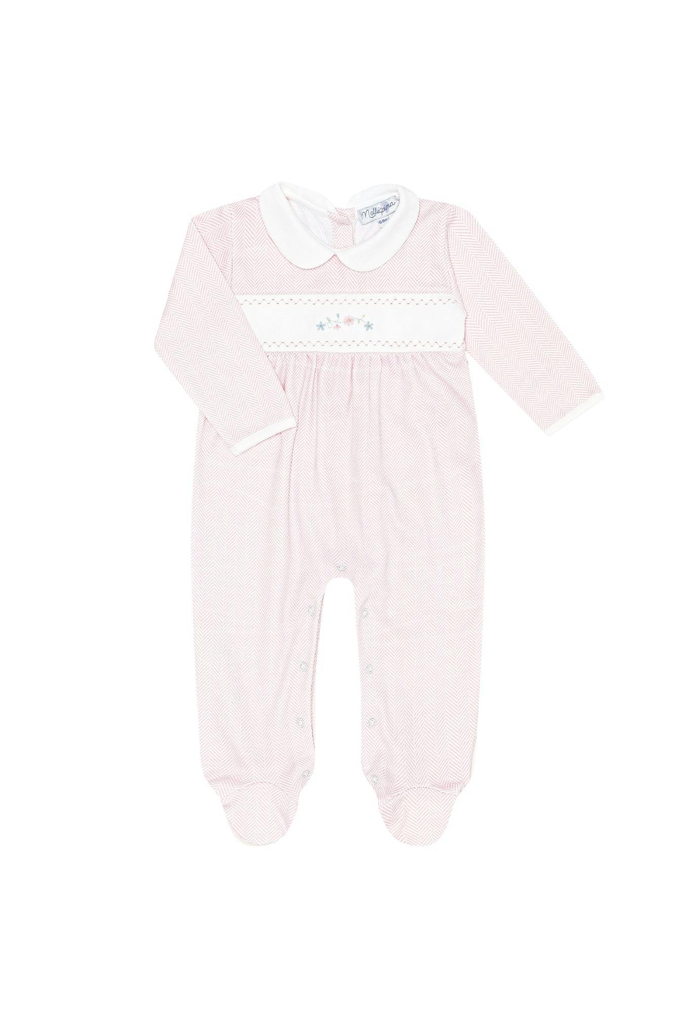 Pink Herringbone Embroidered Footie