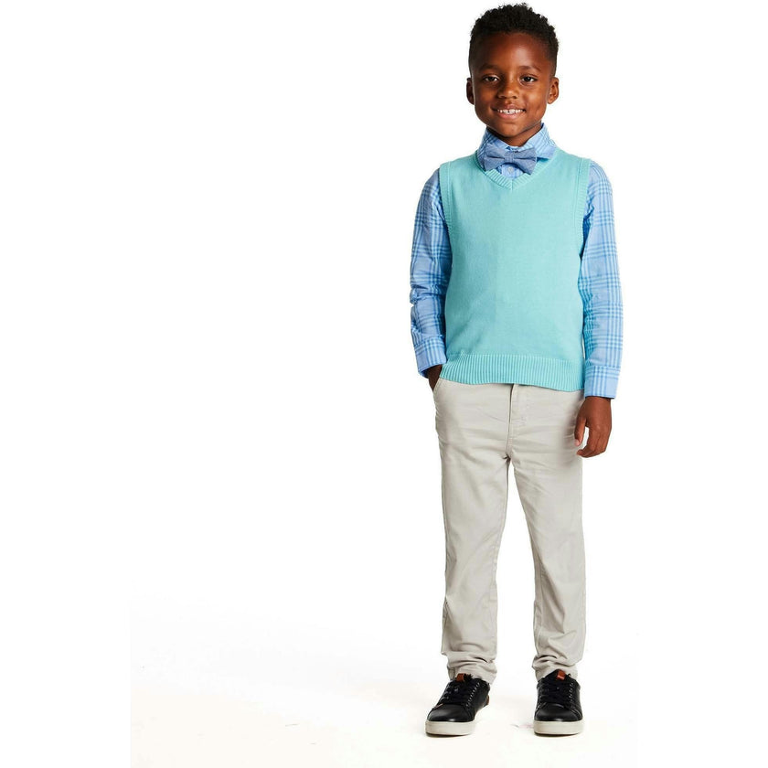 Boys 4-Piece Vest Set | Navy & Khaki Plaid
