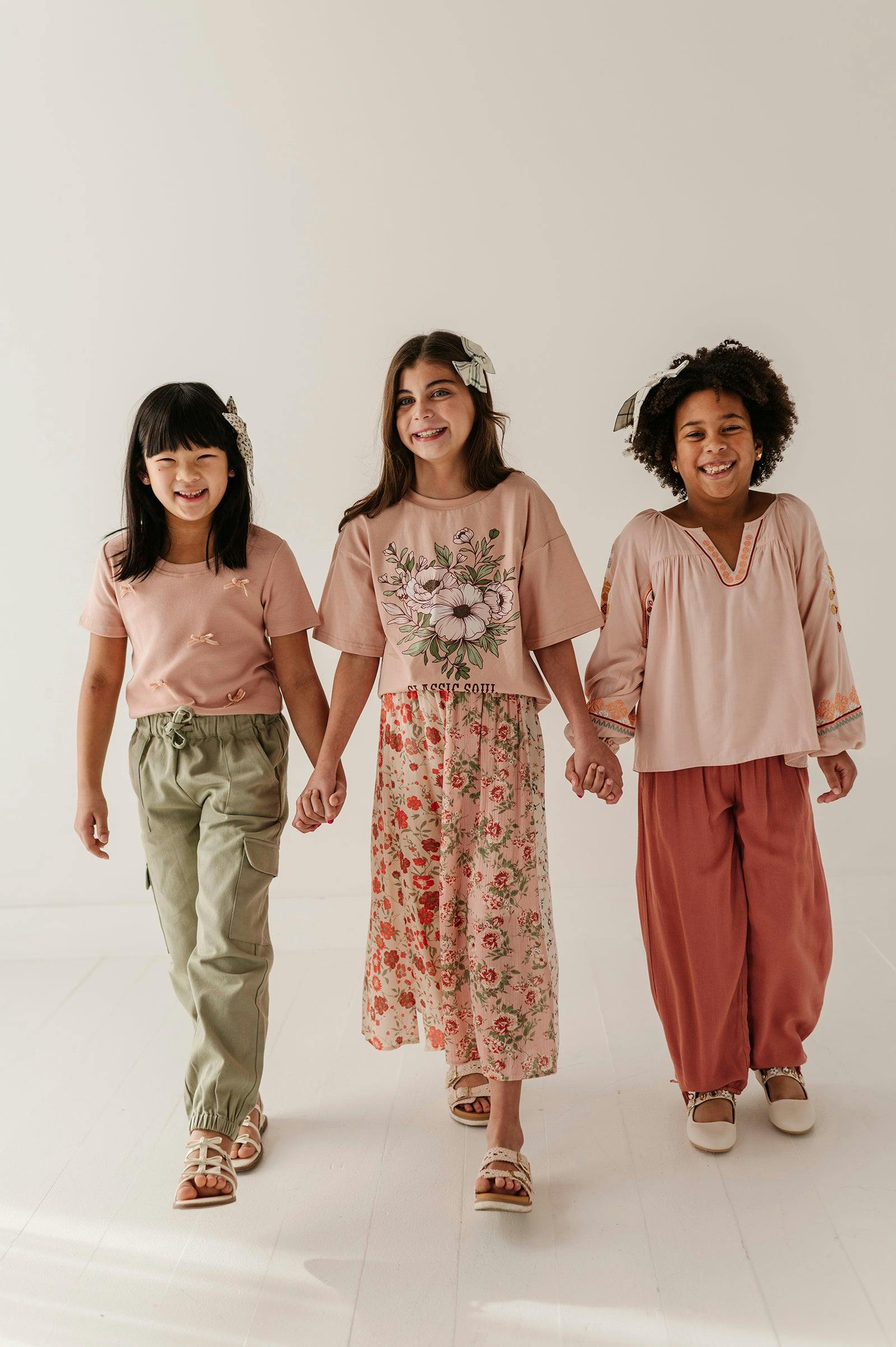Girls Embroidery Art Peasant Top in Boho Peach Whip