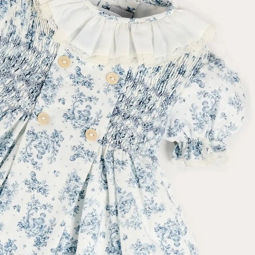 Audrey Toile Hand Smocked Ruffle Collar Short Sleeve Dress in Blue (12mths- 10yrs)