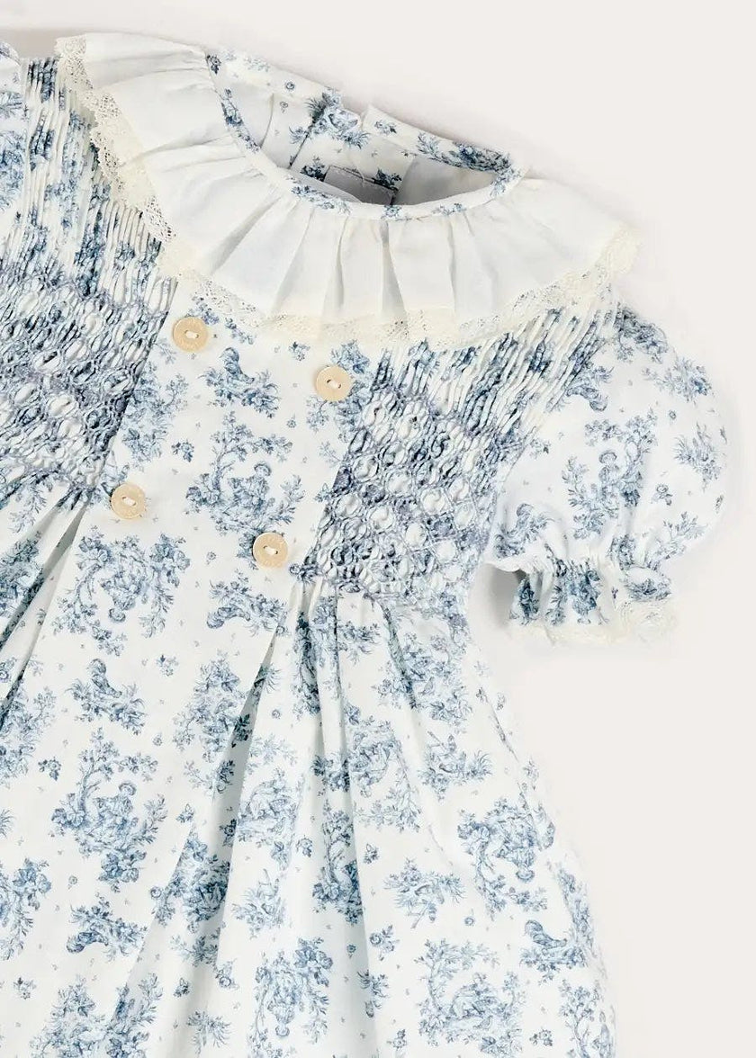 Audrey Toile Hand Smocked Ruffle Collar Short Sleeve Dress in Blue (12mths- 10yrs)