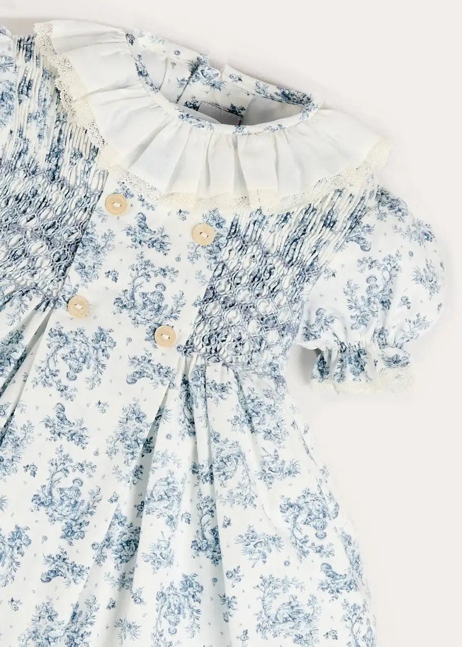 Audrey Toile Hand Smocked Ruffle Collar Short Sleeve Dress in Blue (12mths- 10yrs)