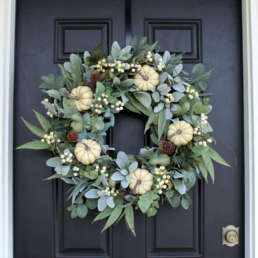 Cream Pumpkin, Eucalyptus & Gourd, Lamb's Ear Fall Harvest Front Door Wreath - Available In 2 Sizes