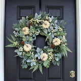 Cream Pumpkin, Eucalyptus & Gourd, Lamb's Ear Fall Harvest Front Door Wreath - Available In 2 Sizes