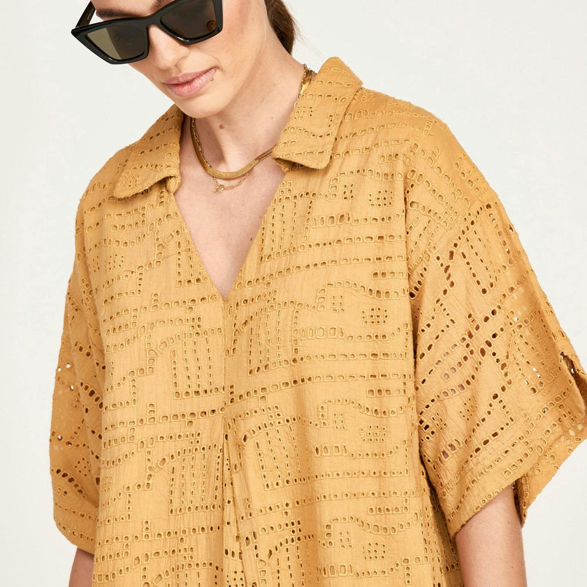 Lanai Popover Dress in Golden Eyelet