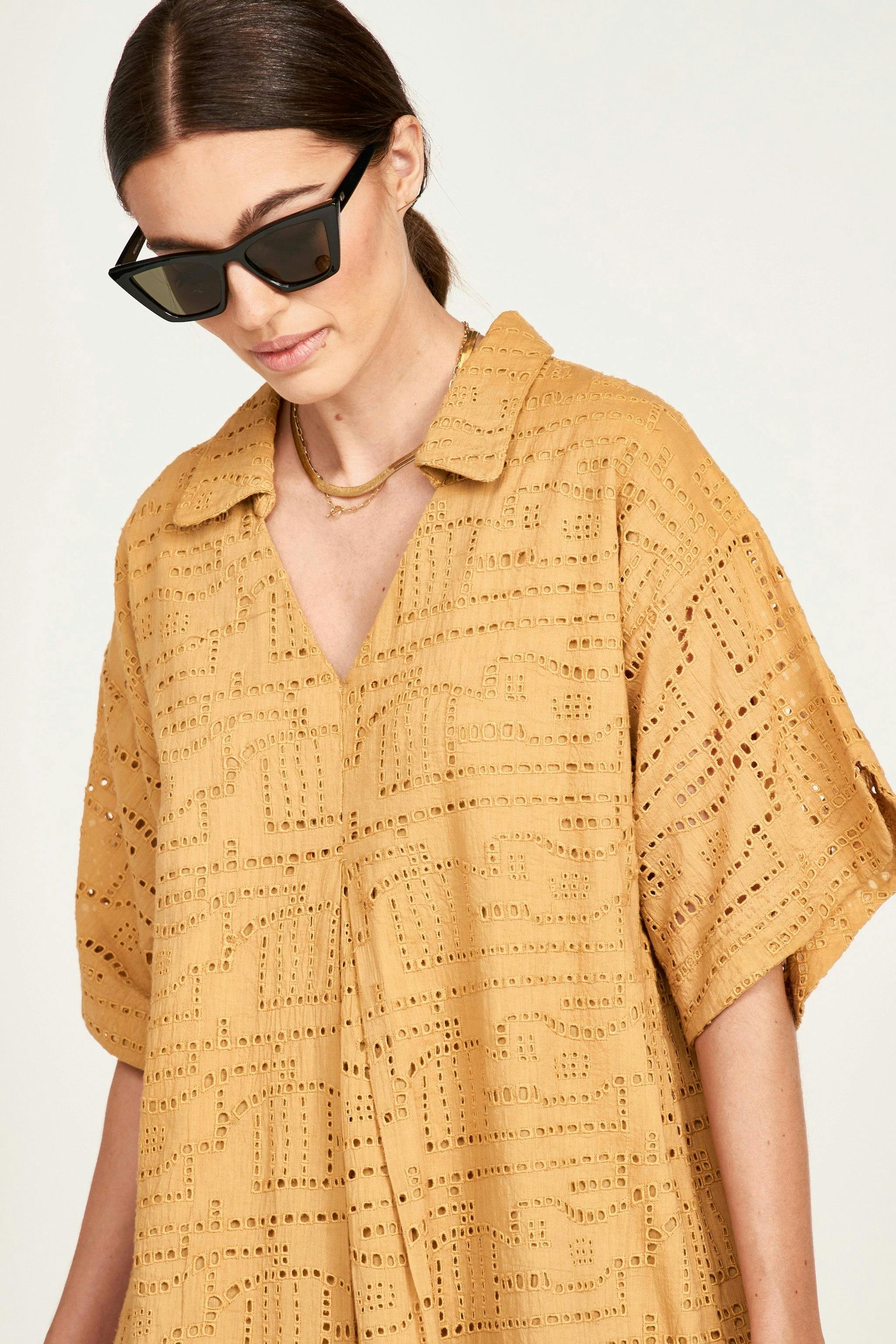 Lanai Popover Dress in Golden Eyelet