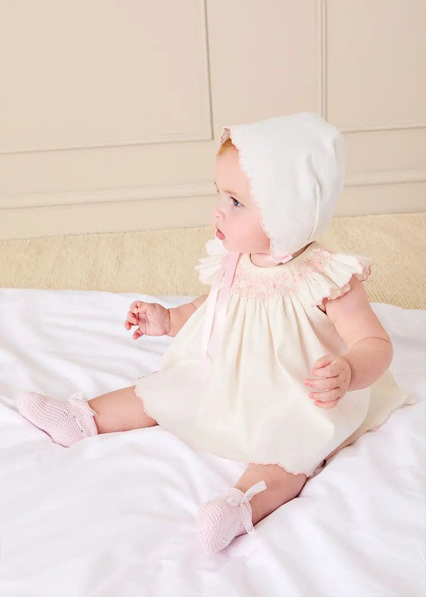 Linen Blend Hand Smocked Cap Sleeve Dress With Bloomers in White (1-6mths)