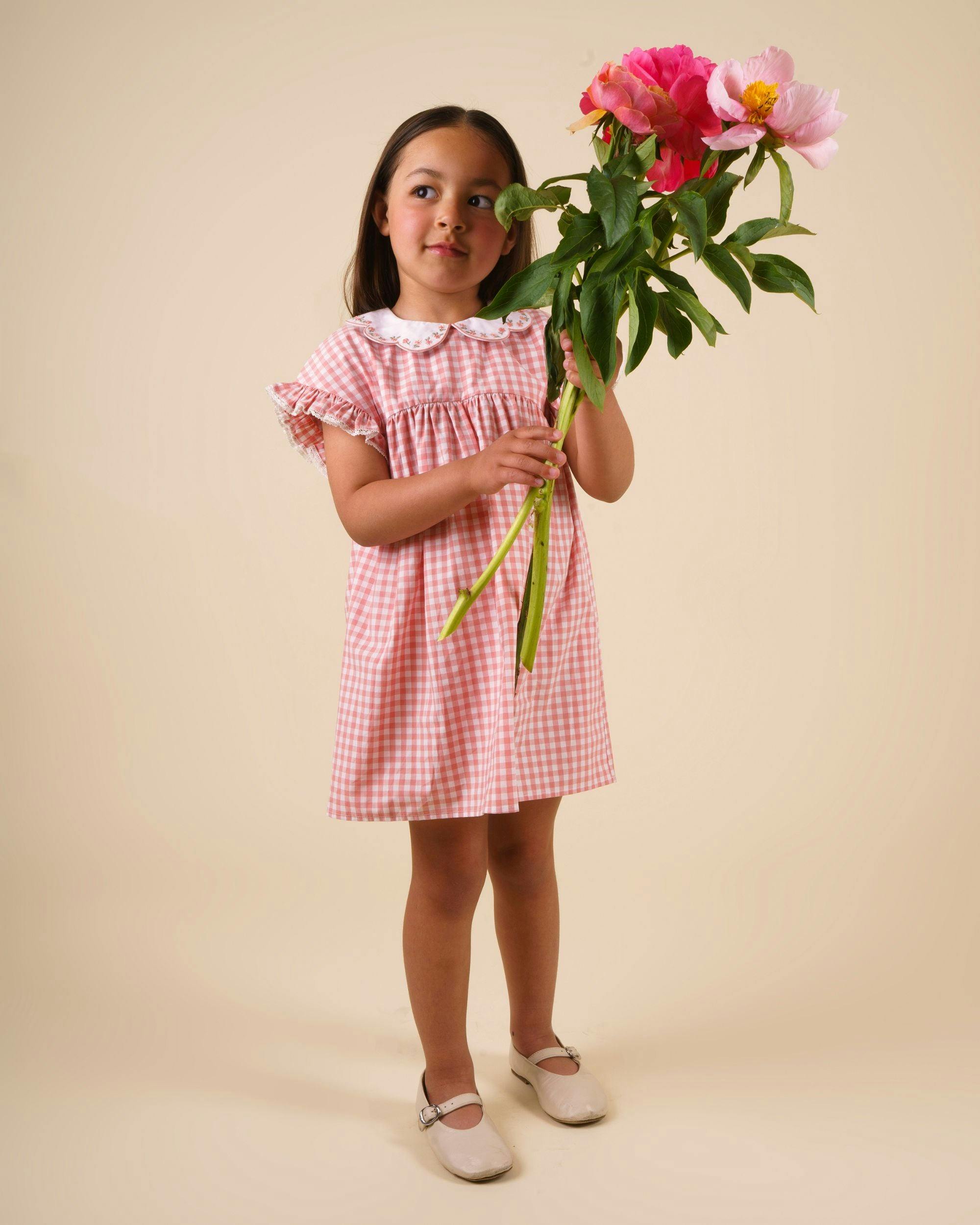 Lila Cotton Gingham Check Dress - Peony