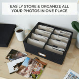 Decorative Photo Storage Box - Sturdy Linen Photo Organizer with Dividers - Stores Up to 850 4x6 Photos - Portable Scrapbook Storage Container with Lid